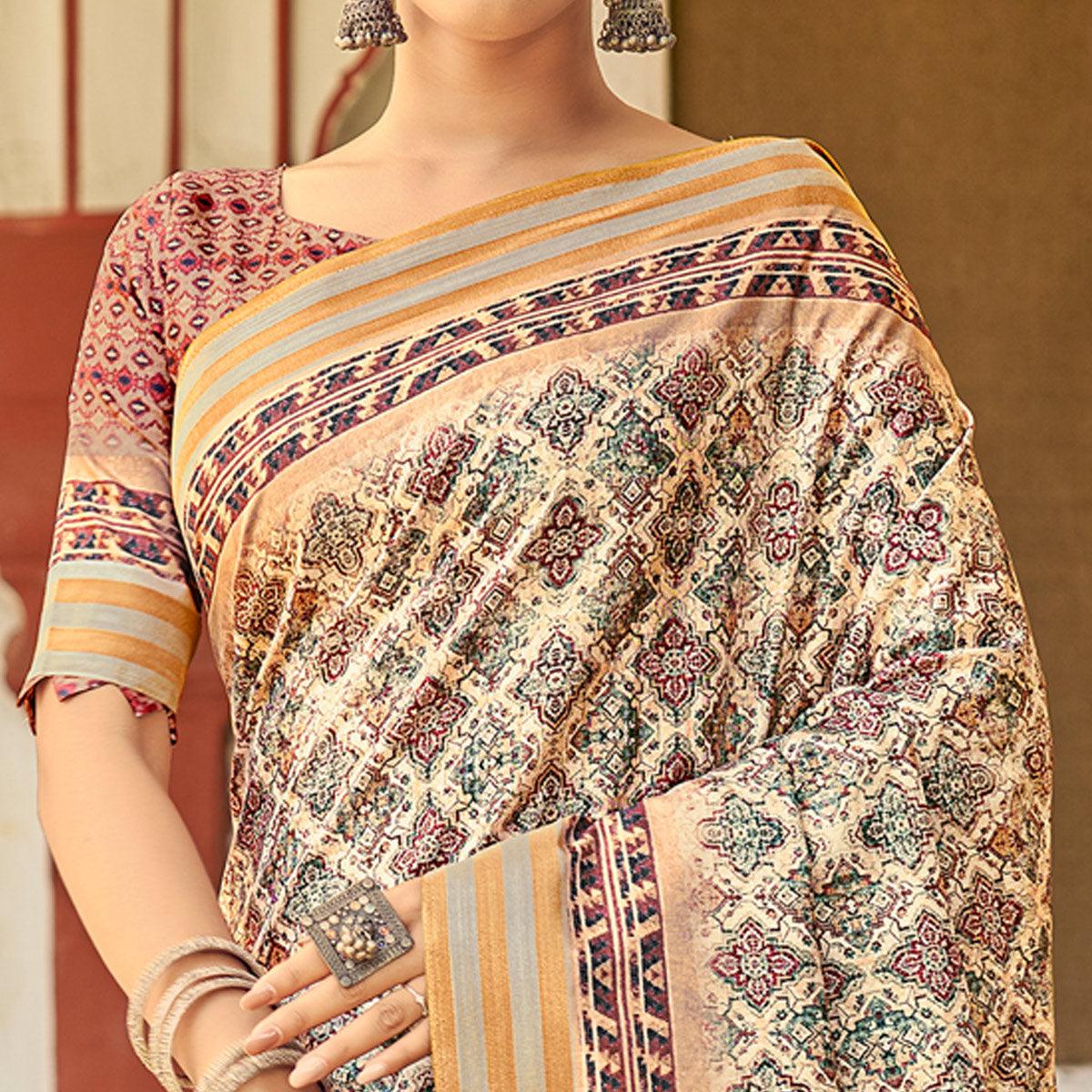 Cream Digital Printed Art Silk Saree