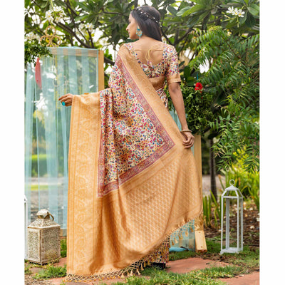 Cream Digital Printed Art Silk Saree
