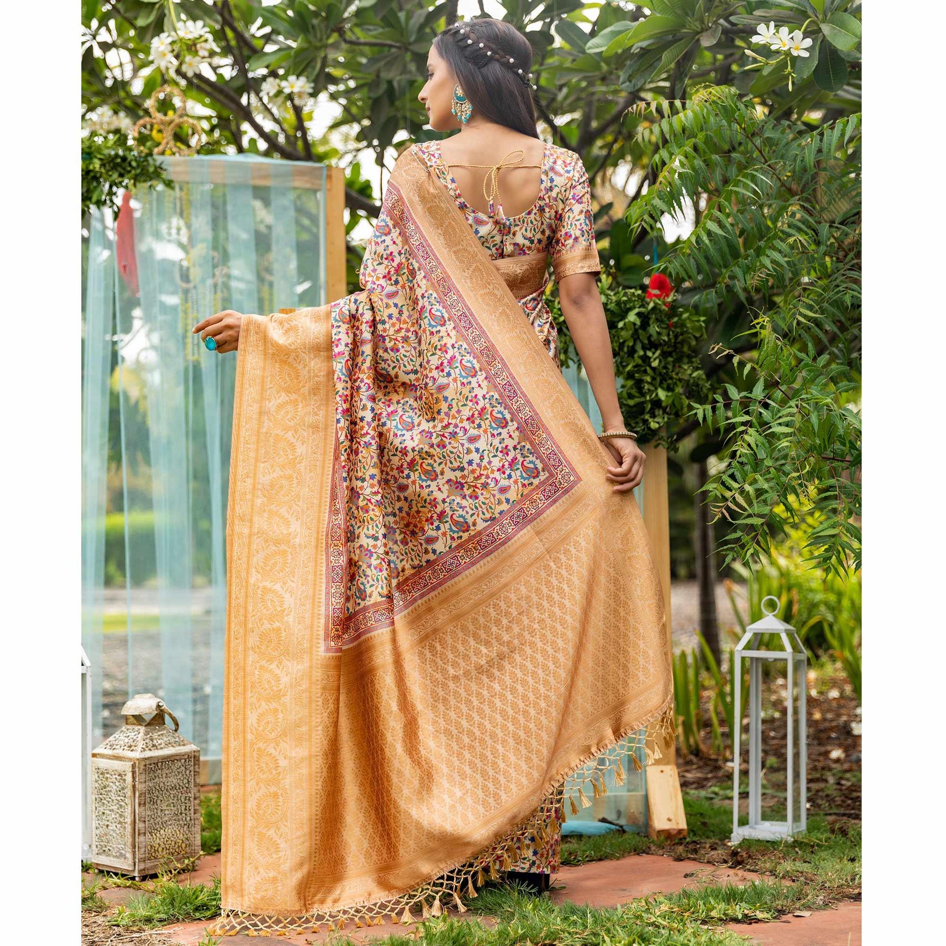 Cream Digital Printed Art Silk Saree