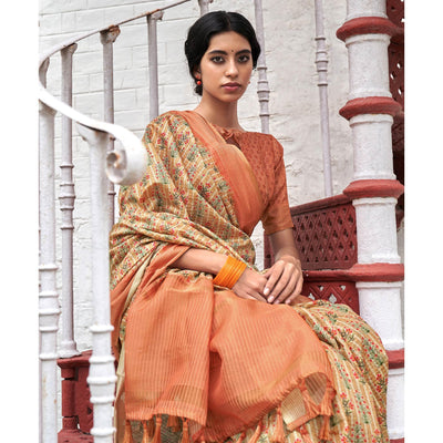 Cream Digital Printed Art Silk Saree