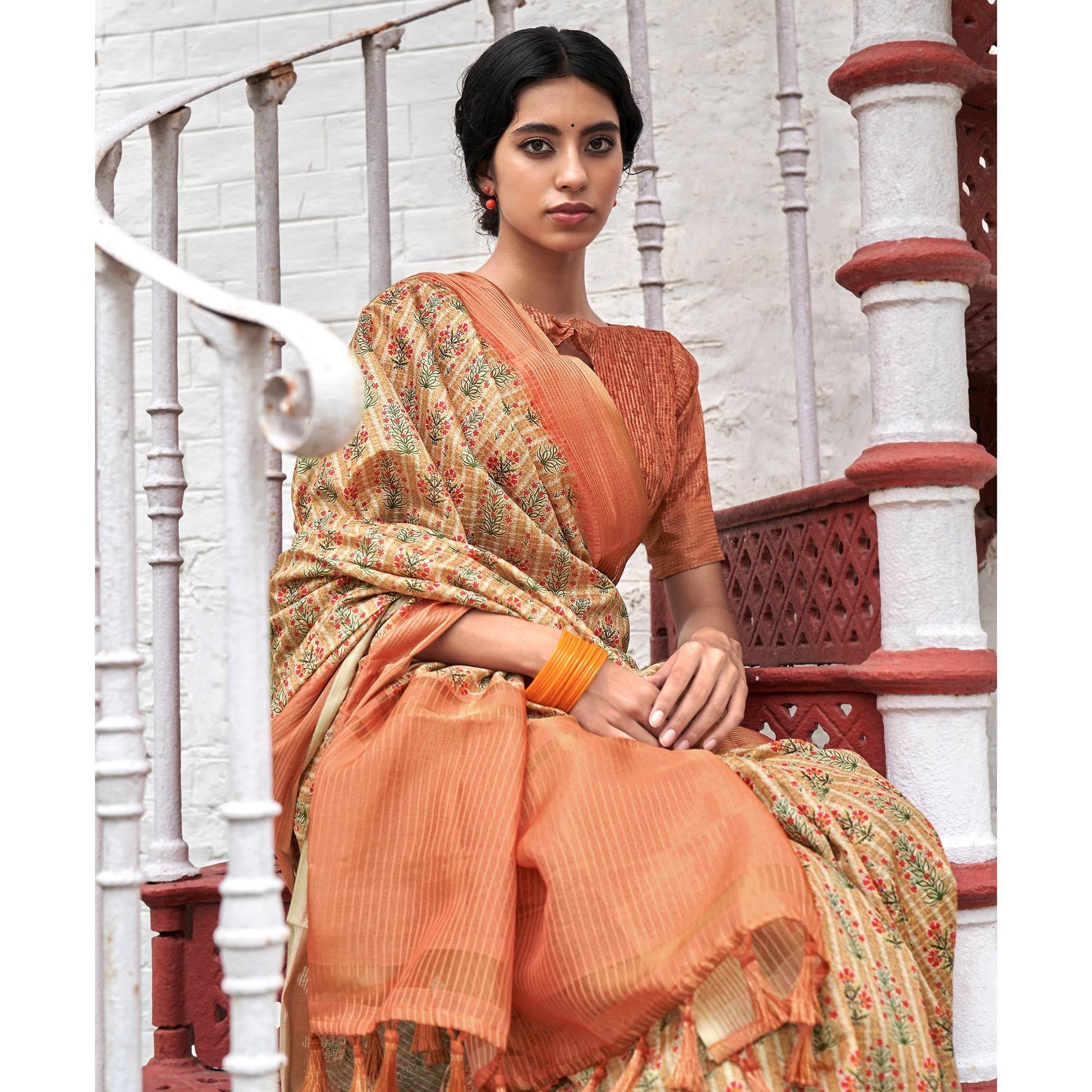 Cream Digital Printed Art Silk Saree