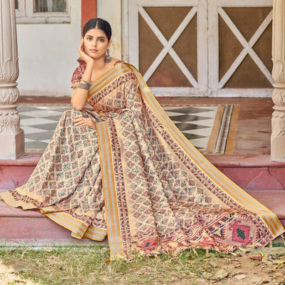Cream Digital Printed Art Silk Saree