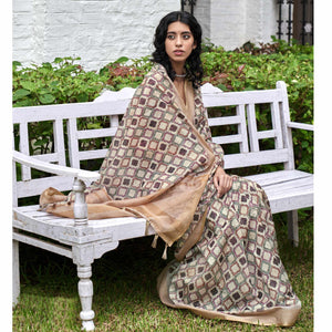 Cream Digital Printed Art Silk Saree