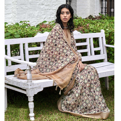 Cream Digital Printed Art Silk Saree