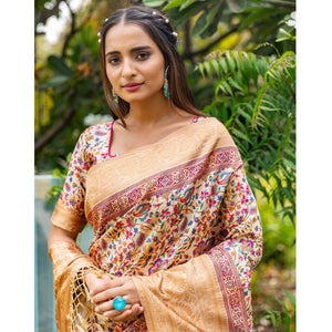 Cream Digital Printed Art Silk Saree