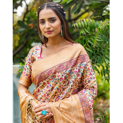 Cream Digital Printed Art Silk Saree