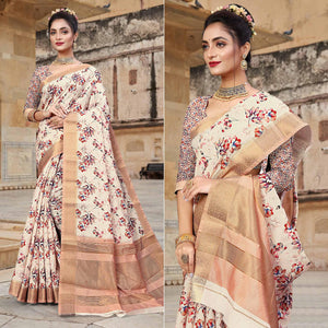 Cream Digital Printed Dola Silk Saree