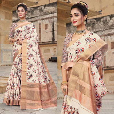 Cream Digital Printed Dola Silk Saree