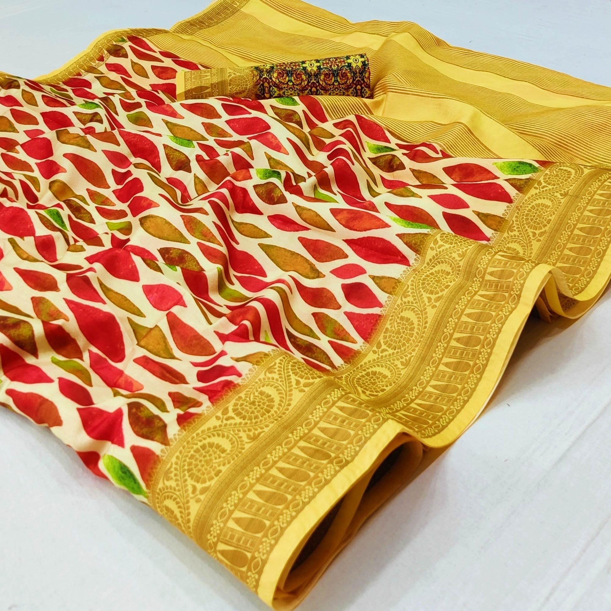 Cream Digital Printed Dola Silk Saree