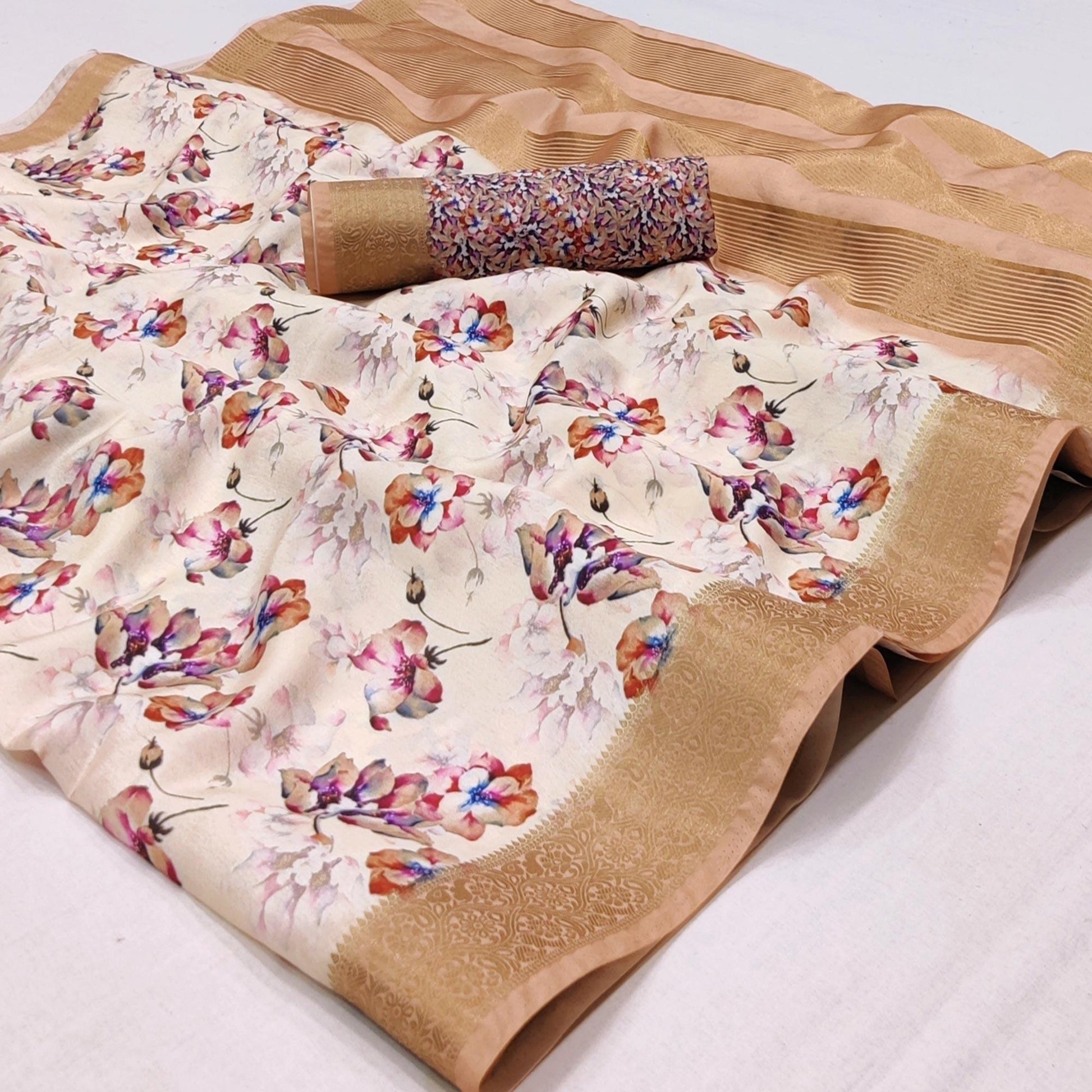 Cream Digital Printed Dola Silk Saree