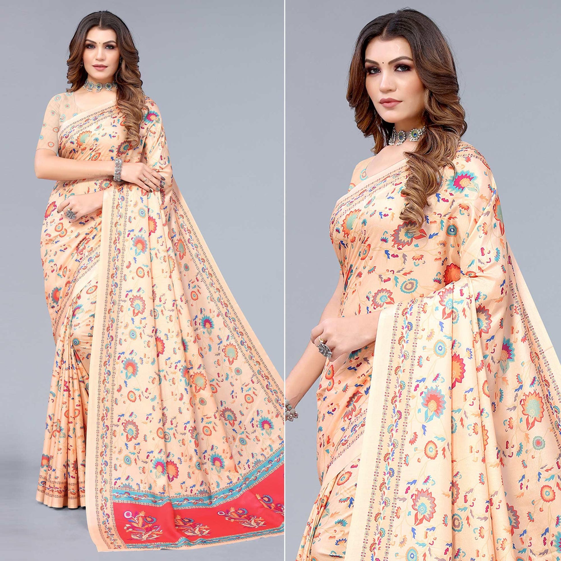 Cream Digital Printed Dola Silk Saree