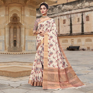 Cream Digital Printed Dola Silk Saree