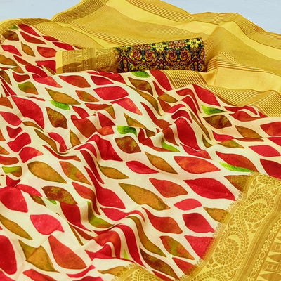 Cream Digital Printed Dola Silk Saree