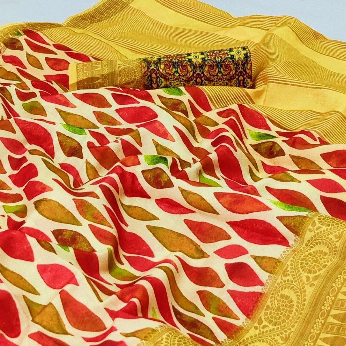 Cream Digital Printed Dola Silk Saree