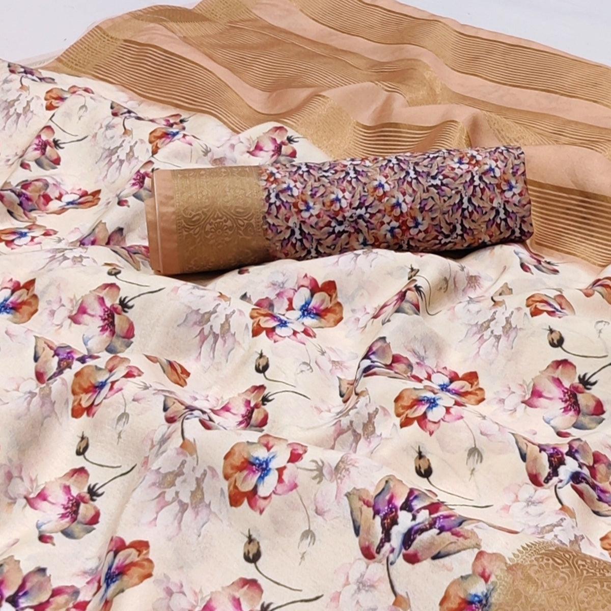 Cream Digital Printed Dola Silk Saree