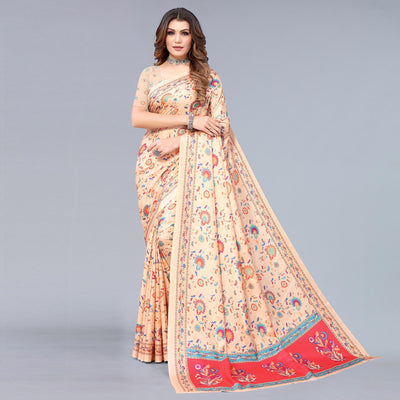 Cream Digital Printed Dola Silk Saree