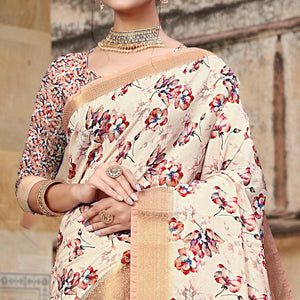 Cream Digital Printed Dola Silk Saree