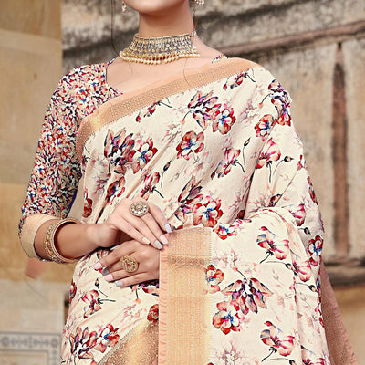 Cream Digital Printed Dola Silk Saree