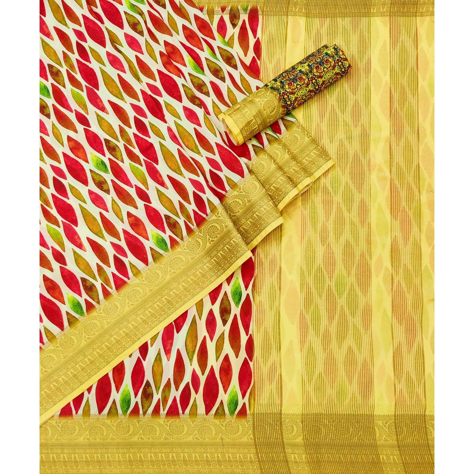 Cream Digital Printed Dola Silk Saree