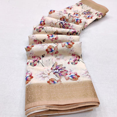 Cream Digital Printed Dola Silk Saree
