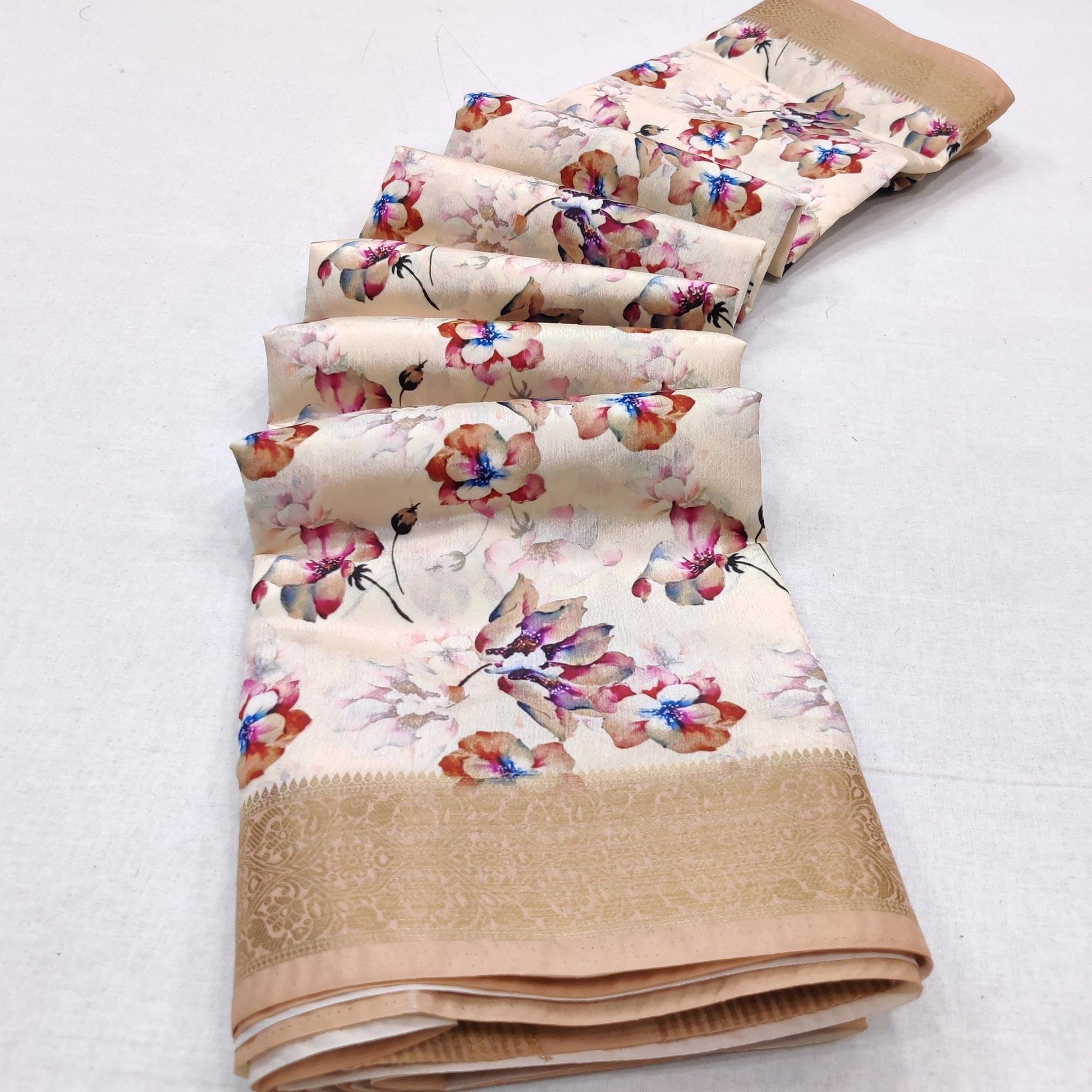 Cream Digital Printed Dola Silk Saree