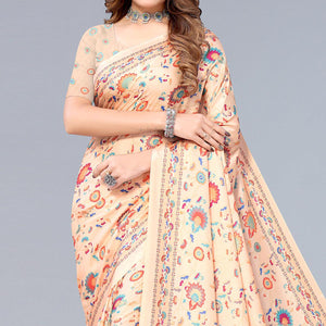 Cream Digital Printed Dola Silk Saree