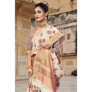 Cream Digital Printed Dola Silk Saree