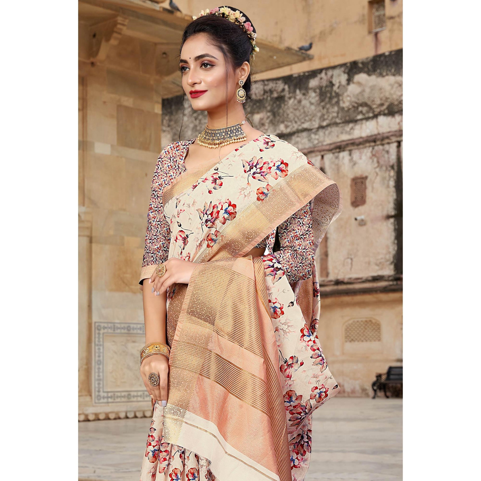 Cream Digital Printed Dola Silk Saree