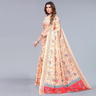 Cream Digital Printed Dola Silk Saree