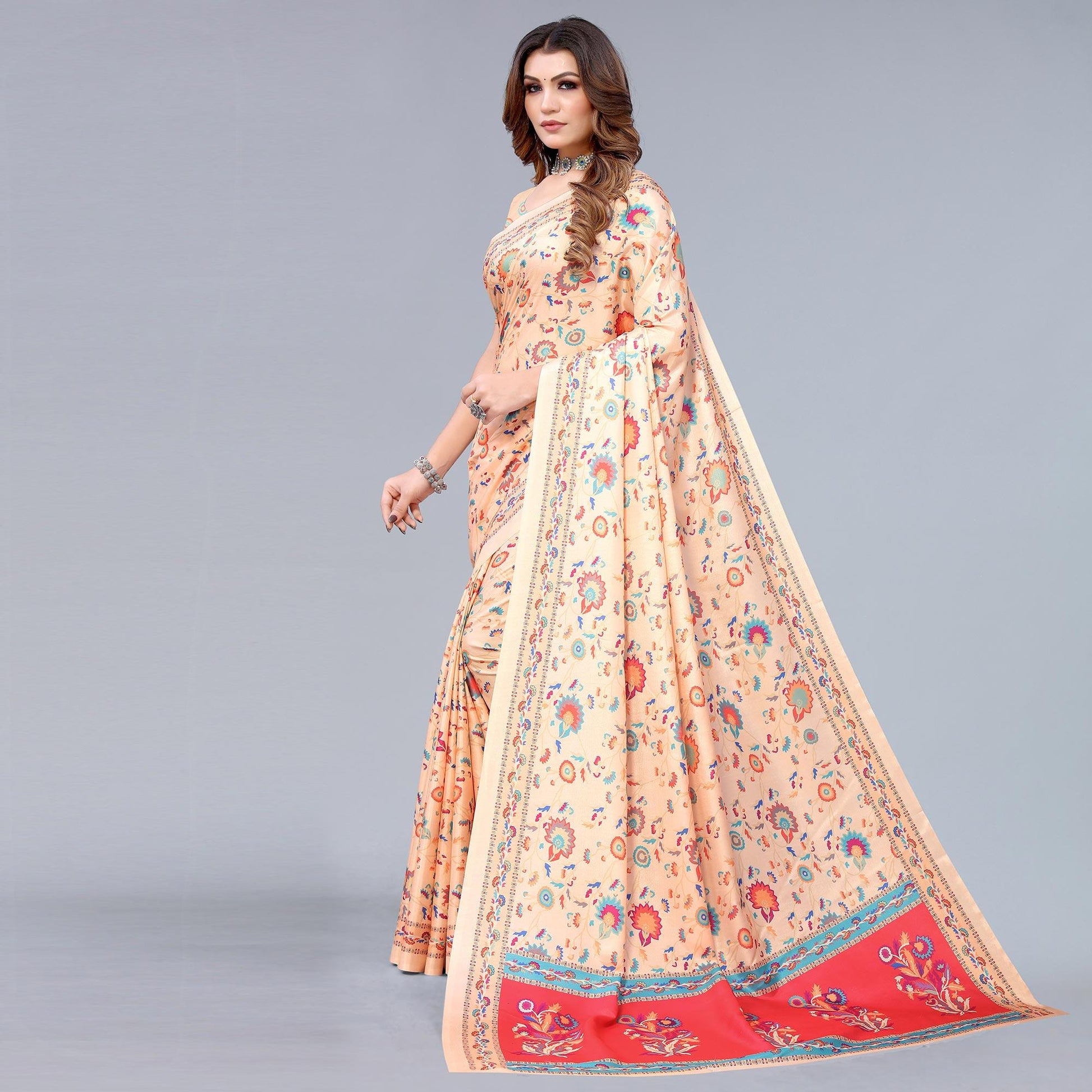 Cream Digital Printed Dola Silk Saree