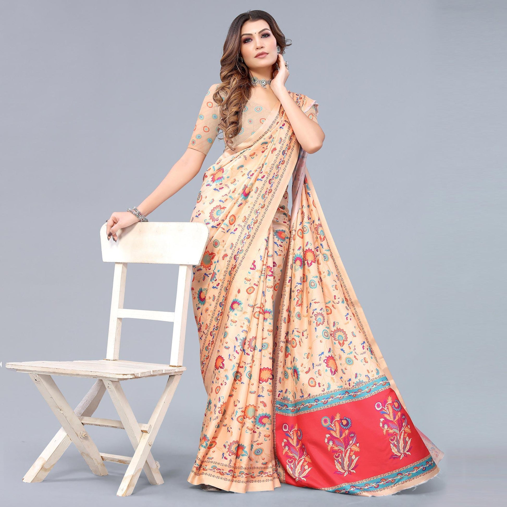 Cream Digital Printed Dola Silk Saree