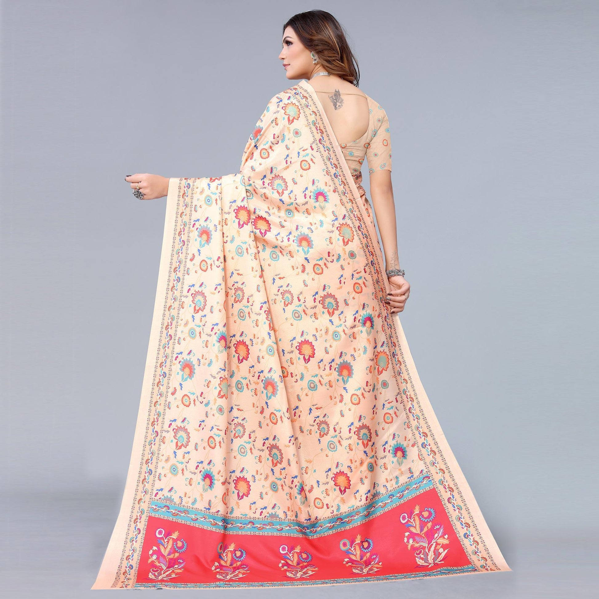 Cream Digital Printed Dola Silk Saree