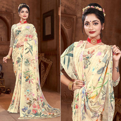 Cream Digital Printed Georgette Saree