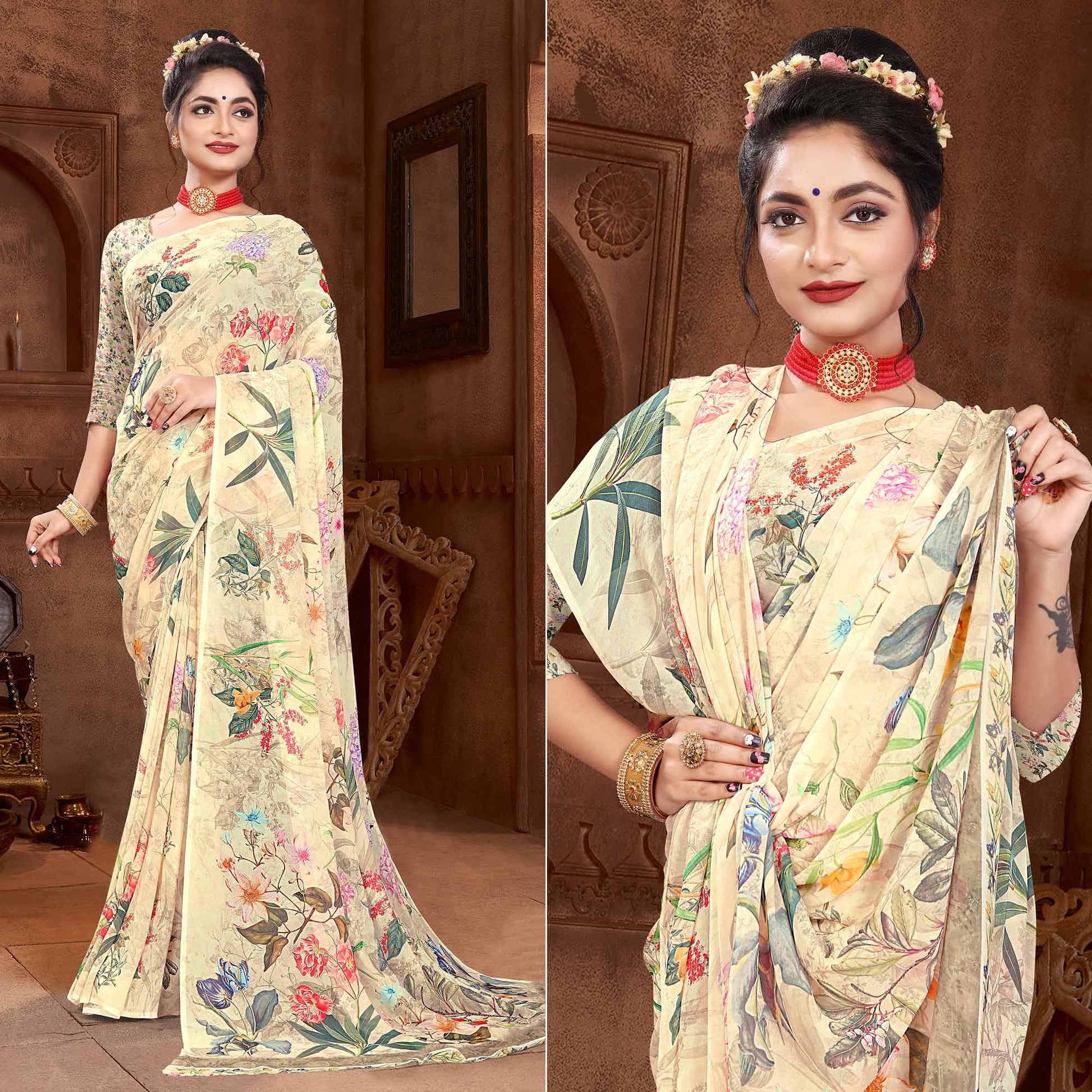 Cream Digital Printed Georgette Saree
