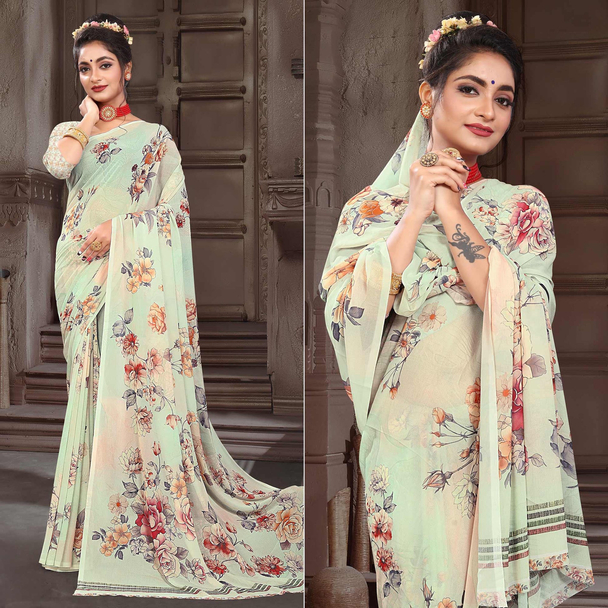 Cream Digital Printed Georgette Saree