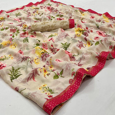 Cream Digital Printed Georgette Saree