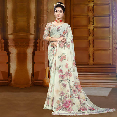 Cream Digital Printed Georgette Saree