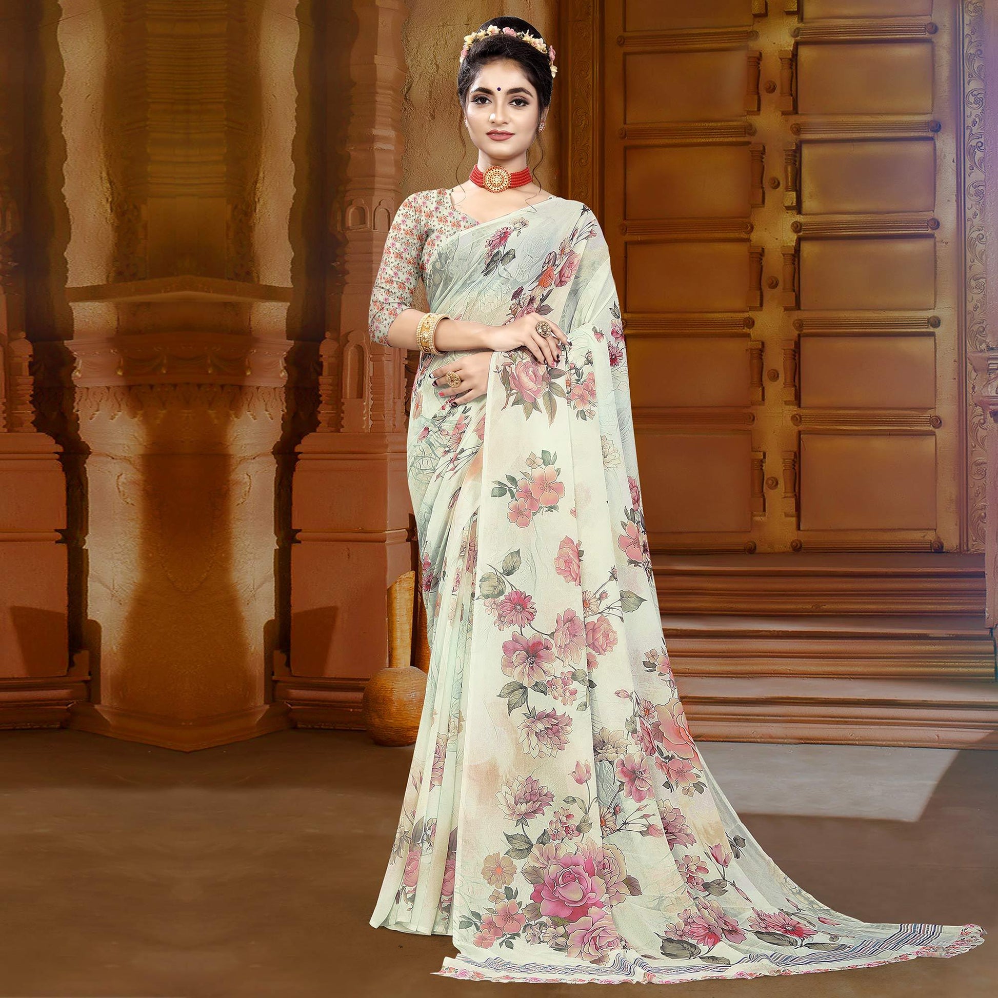 Cream Digital Printed Georgette Saree
