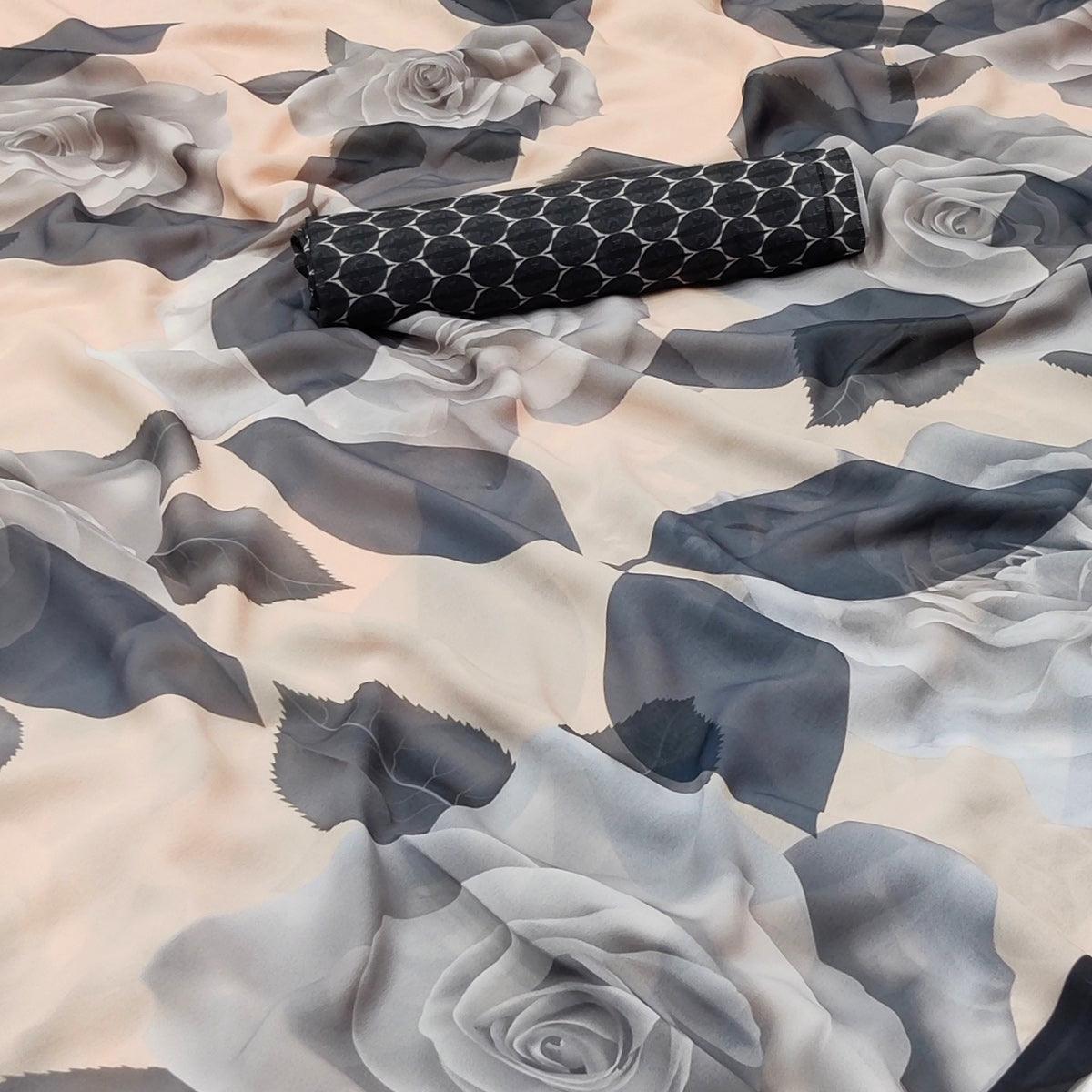 Cream Digital Printed Georgette Saree