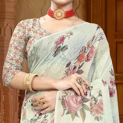 Cream Digital Printed Georgette Saree