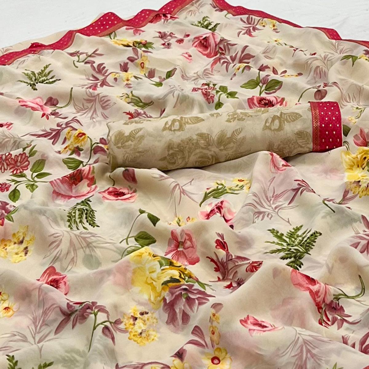 Cream Digital Printed Georgette Saree