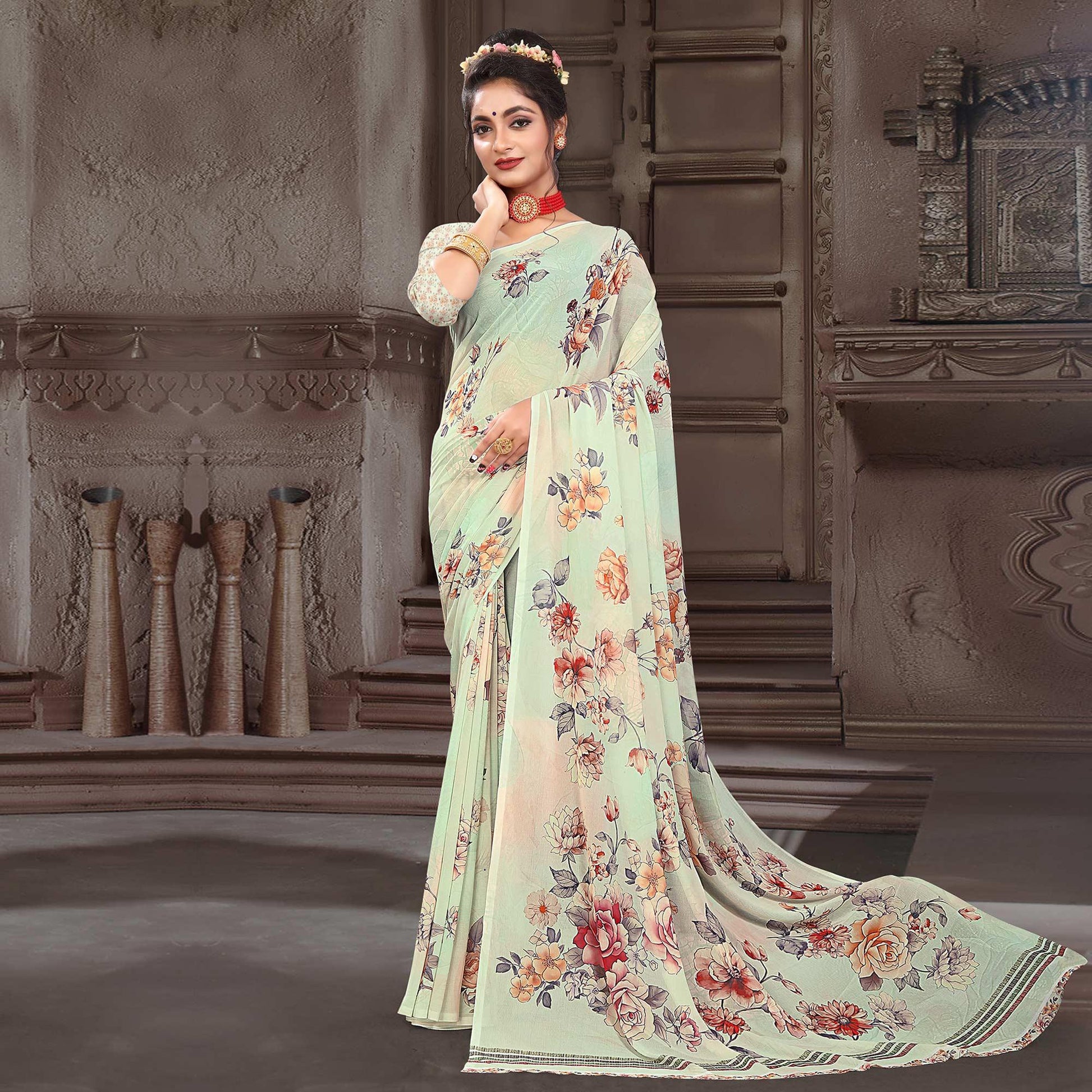 Cream Digital Printed Georgette Saree