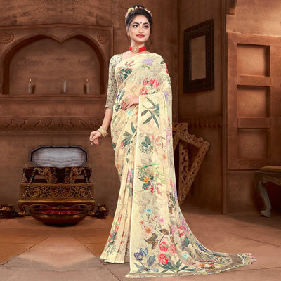 Cream Digital Printed Georgette Saree