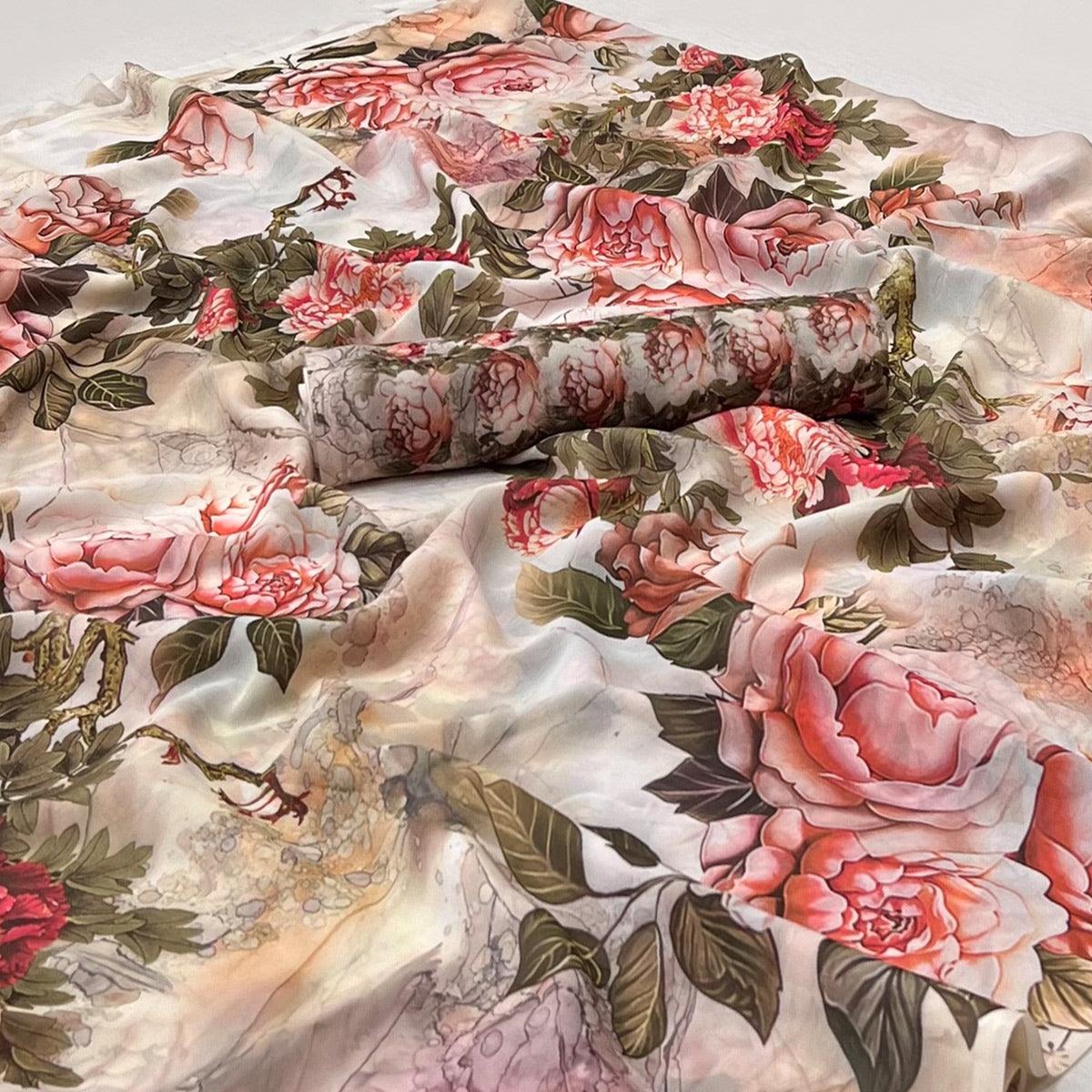 Cream Digital Printed Georgette Saree