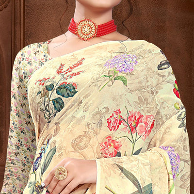 Cream Digital Printed Georgette Saree