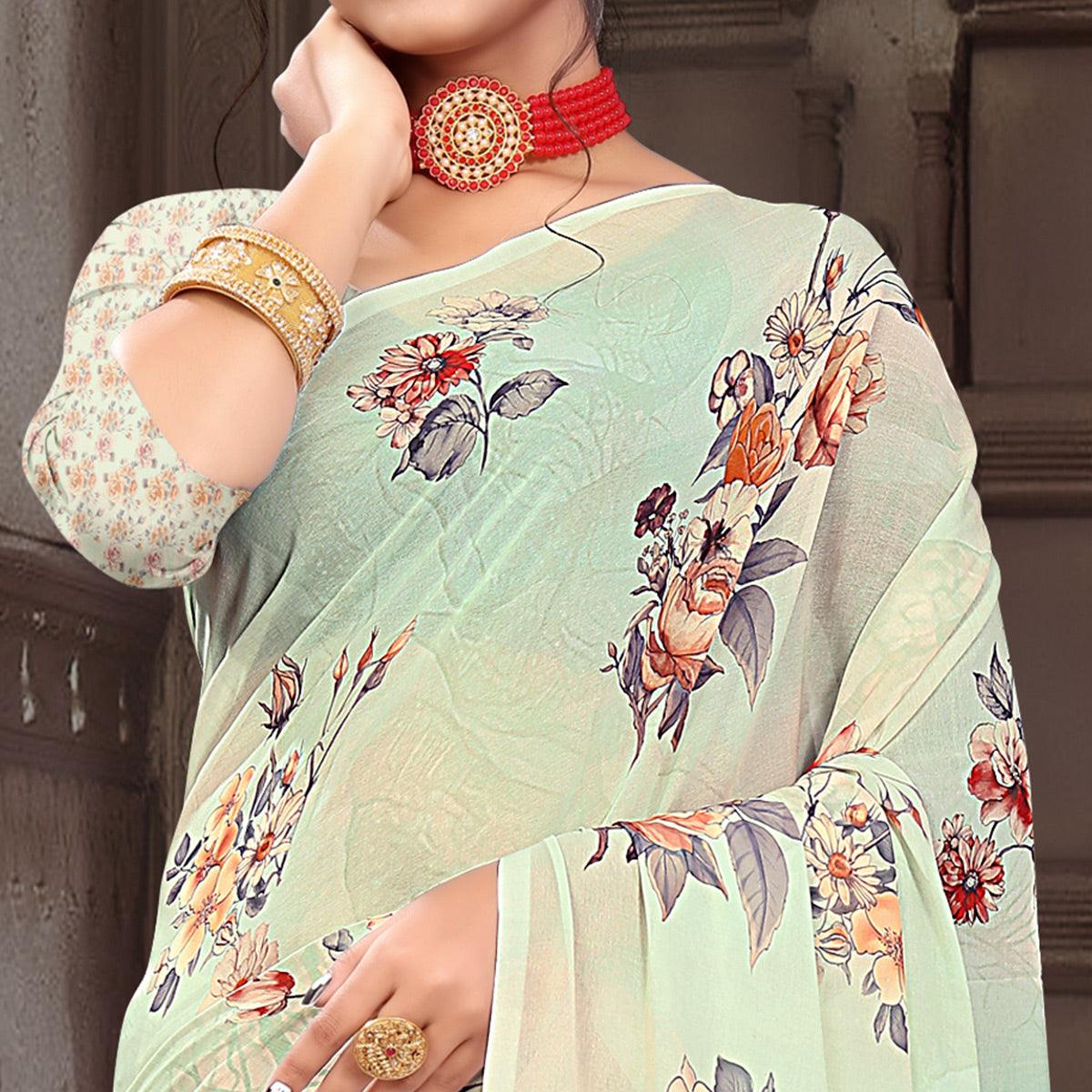 Cream Digital Printed Georgette Saree