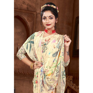 Cream Digital Printed Georgette Saree