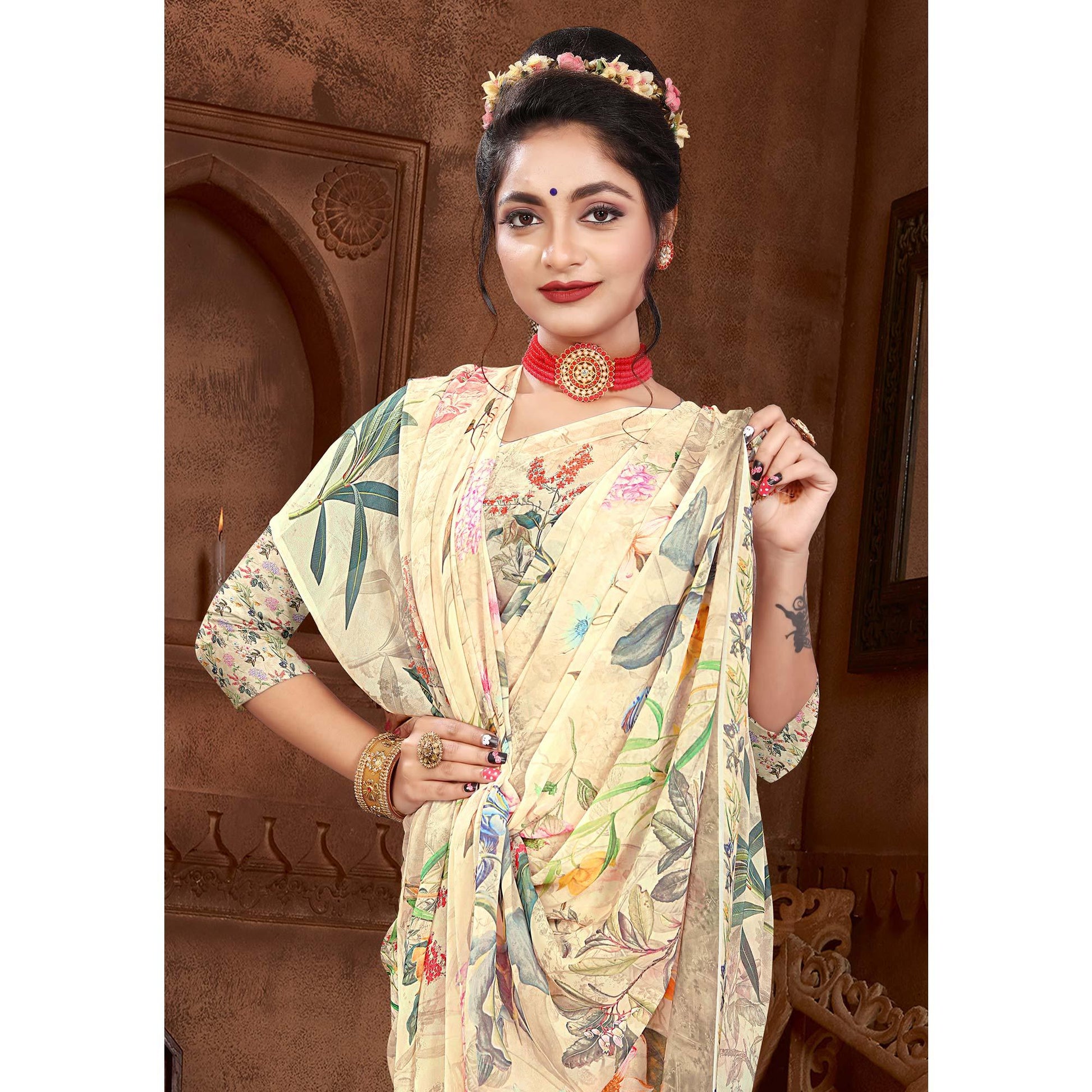 Cream Digital Printed Georgette Saree