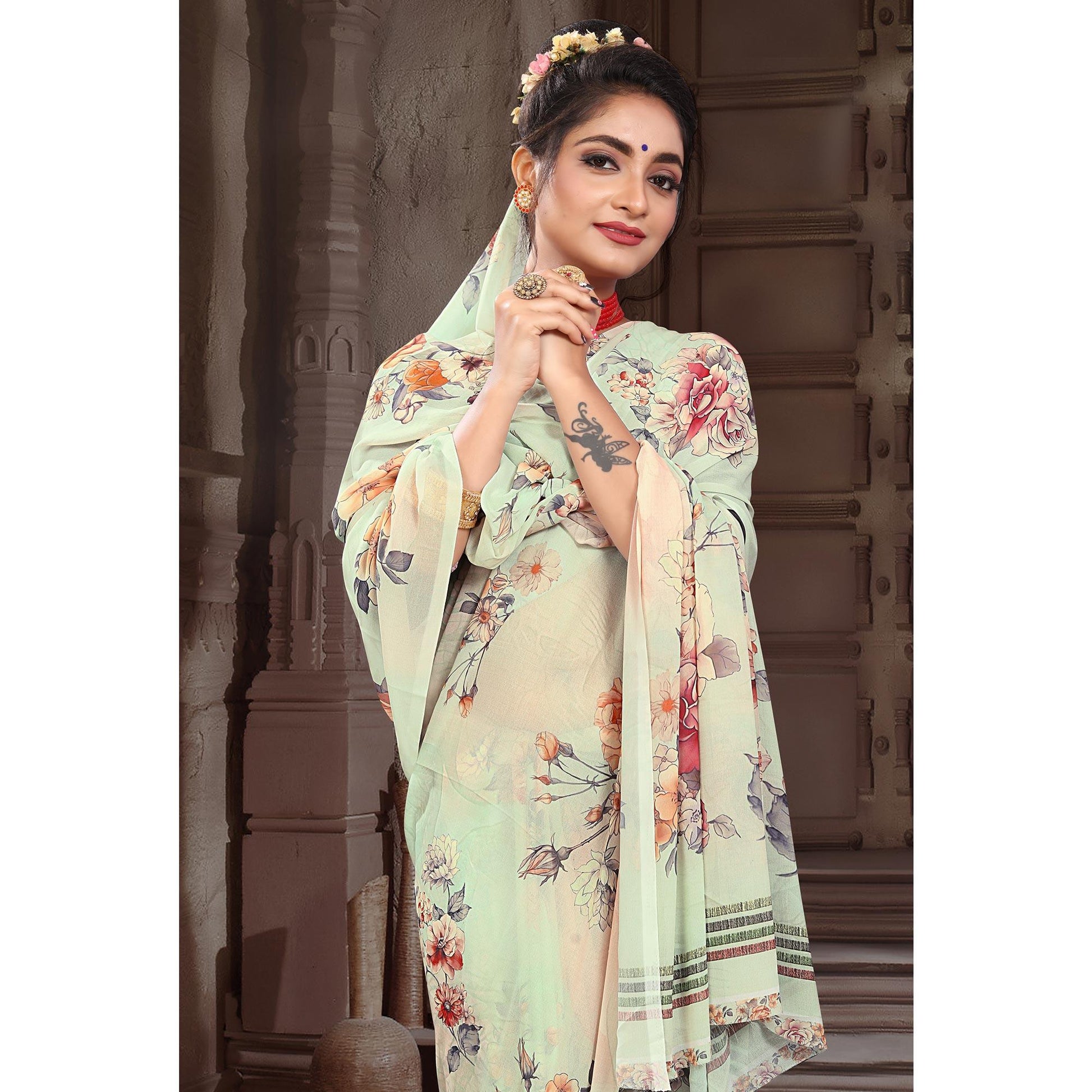 Cream Digital Printed Georgette Saree