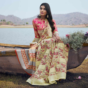 Cream Digital Printed Linen Saree